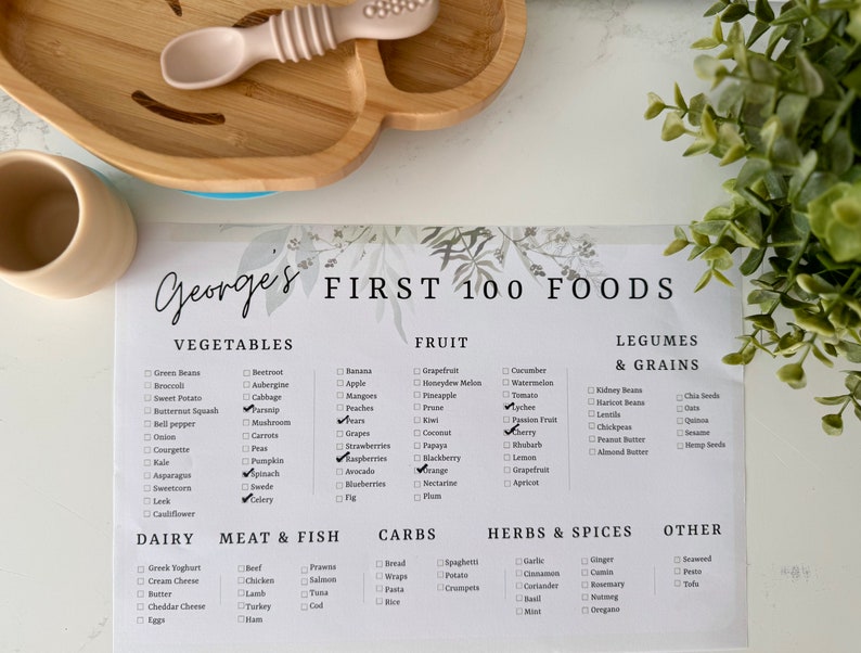 Personalised 100 First Foods Weaning Chart, Baby Food Tracker, Printable First Food Tracker, Baby Food Checklist, Baby First Foods Chart, 100 First Foods Chart