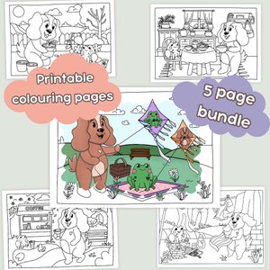 Puede incluir: Cinco páginas para colorear en blanco y negro con un personaje de perro en diferentes escenas. Las escenas incluyen al perro haciendo jardinería, tomando el té, volando una cometa, tomando café y colgando la ropa. El texto "Páginas para colorear imprimibles" y "Paquete de 5 páginas" está incluido en la imagen.