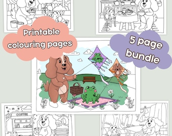 Pages à colorier numériques pour petits chiens et petites grenouilles printemps-été 24 | Mignonnes pages à colorier à imprimer pour adultes | Coloriages confortables, coloriages faciles