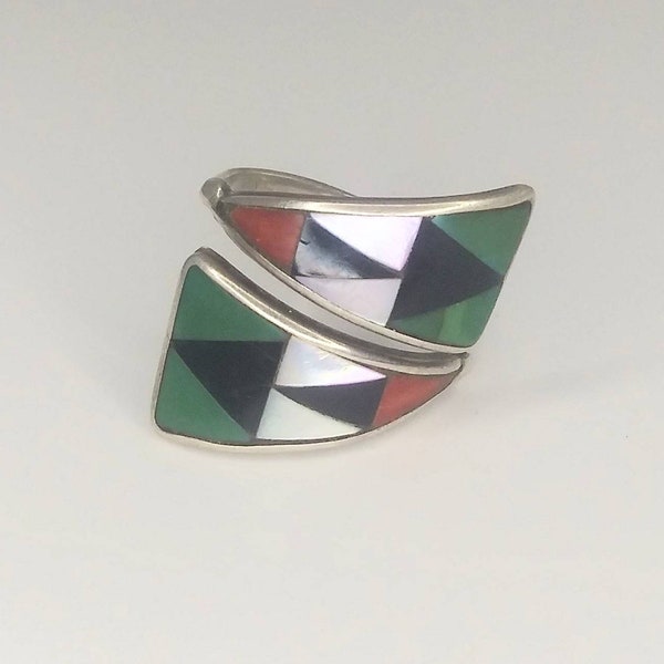 Zuni Zeno & Maryann Edaakie Turquoise Mother of Pearl Coral Jet Inlaid Sterling Silver 925 Bypass Ring