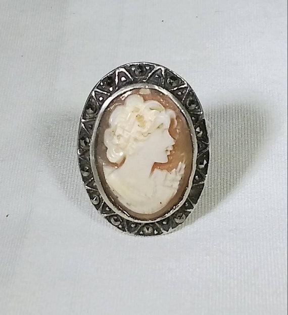 Shell Cameo Marcasites Sterling Silver 925 Ring