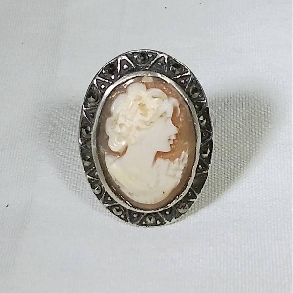 Shell Cameo Marcasites Sterling Silver 925 Ring