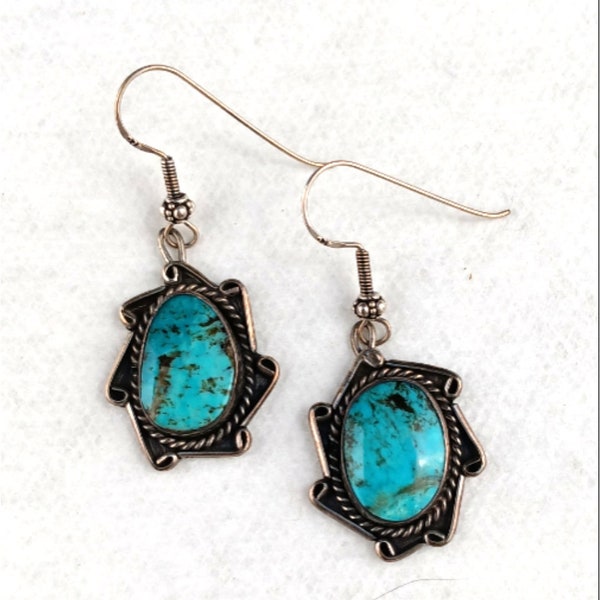 Vintage Native American Blue Turquoise Brown Matrix Sterling Silver Dangle Earrings