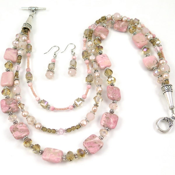 RESERVED for Laurie - BOGO - Misty Pink and Honey Triple Stranded Stone-Pearl-Crystal OOAK Necklace