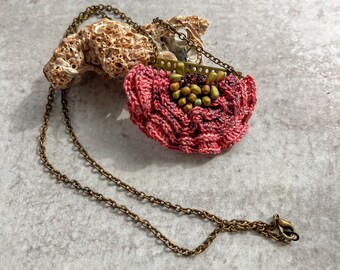 Mixed Media Flower Necklace - Ruffle Petals - Crochet - Coral, Wine, Brass - Fiber, Glass Beads - One of a Kind - Brass Chain -