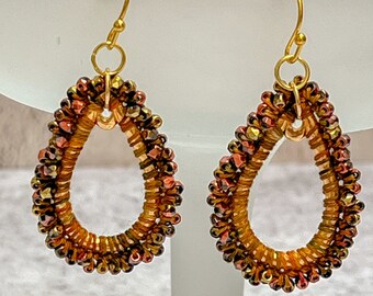 Gold Copper Bronze Glass Beaded Tear Drop Earrings - Hand Crochet - Brown Tan Golden Thread - Gold Stainless Steel Ear Wires - One of a Kind