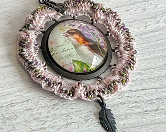 Songbird Pendant Necklace - Mixed Media - Blackened Brass - Crochet - Glass Beads - Glass Cabochon - Vintage - Lilac - One of a Kind