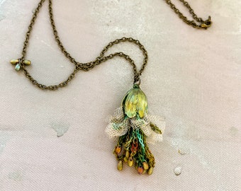 Absinthe Green Patina Flower Blossom Pendant Necklace - Mixed Media - Fiber Metal Glass Beads - Antique Brass - Multicolor - One of a Kind