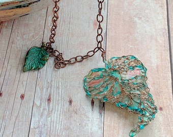 Caladium Leaf Pendant Necklace - Mixed Media - Metal, Plant Fiber - Hand Dyed and Hand Painted - Copper Chain - Sea Green, Mauve, Ivory