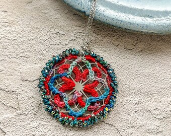 Quatrefoil Stainless Steel Pendant - Mixed Media - Glass Beads, Hand Dyed Thread - Red Blue Silver - Crochet - 24 inch Chain - One of a Kind