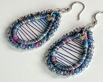 Stringed Beaded Teardrop Earrings - Mixed Media - Multicolor - Crystal Glass Beads - Crochet - Stainless Steel Ear Wires - One of a Kind