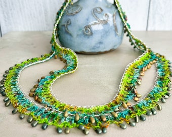 Turquoise Lime Green Multicolor Bead Crochet Double Strand Necklace - Silver Crochet Chain - Hand Dyed Threads - Glass Beads - Toggle Clasp