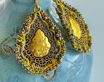 Antique Gold Ornate Filigree Teardrop Earrings - Mixed Media - Crochet - Hand Dyed Thread - Metallic Glass Beads - Sage Taupe Gold - OOAK