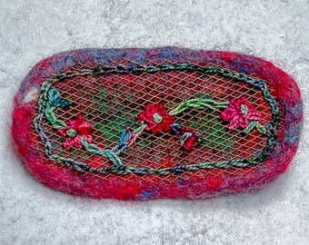 Felted Wool Flower Embroidery Brooch Pin - Pink Red Blue Green Multicolor - Copper Mesh - Oval Shape - One of a Kind