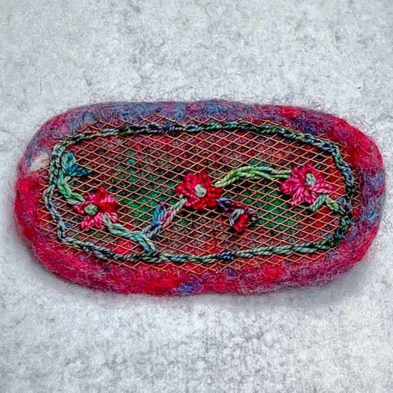 Felted Wool Flower Embroidery Brooch Pin - Pink Red Blue Green Multicolor - Copper Mesh - Oval Shape - One of a Kind