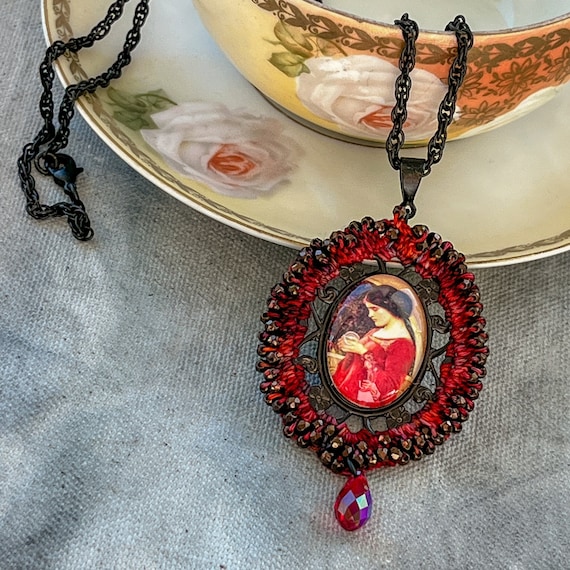 Lady in Red Vintage Pendant - Blackened Brass Setting - Glass Cabochon - Mixed Media - Reds - Bronze glass beads - Crochet - One of a Kind