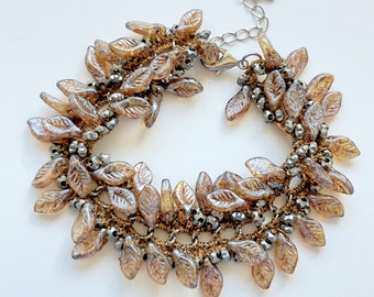 Crocheted Glass Leaf Bracelet: Champagne Silver Beaded Chain