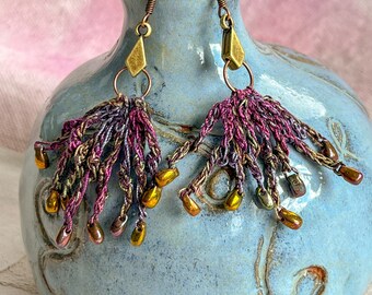 Color Twist Dangle Drop Earrings - Crochet -  Silk Covered Steel Wire, Hand-Dyed Cotton Thread - Glass Beads- Pink Purple Green Multicolor