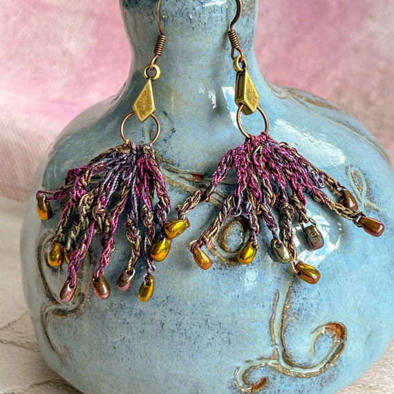 Color Twist Dangle Drop Earrings - Crochet -  Silk Covered Steel Wire, Hand-Dyed Cotton Thread - Glass Beads- Pink Purple Green Multicolor