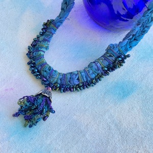 Recycled Sari Silk Mixed Media Flower Tassel Necklace - Blue Purple Teal Green - Antique Silver - Crochet - Hand Dyed Thread - Beads - OOAK
