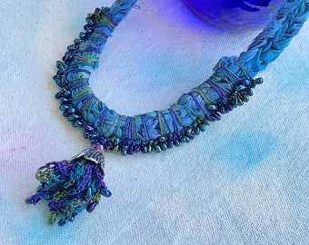 Recycled Sari Silk Mixed Media Flower Tassel Necklace - Blue Purple Teal Green - Antique Silver - Crochet - Hand Dyed Thread - Beads - OOAK