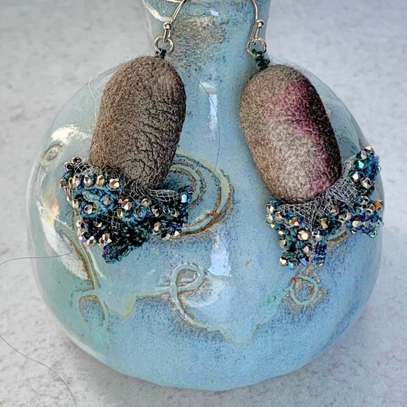 Renoir Dancers Mixed Media Earrings - Silk Cocoons, Tulle, Glass Beads, Hand-Dyed Thread - Charcoal Gray, Violet, Blue, Iridescent Metallics