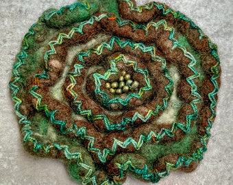 Felted Wool Brooch Pin - Abstract Floral - Green Brown Multicolor - Hand Crocheted - Hand Embroidered - Hand Dyed Thread - One of a Kind