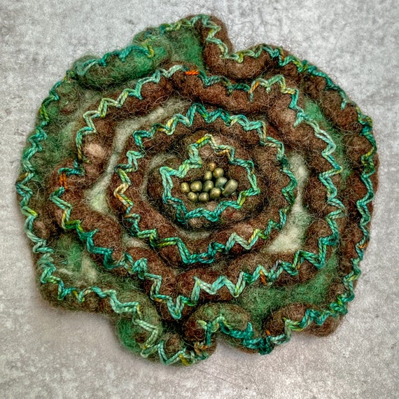 Felted Wool Brooch Pin - Abstract Floral - Green Brown Multicolor - Hand Crocheted - Hand Embroidered - Hand Dyed Thread - One of a Kind