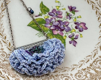 Mixed Media Flower Necklace - Ruffle Petals - Crochet - Periwinkle, Blue, Purple, Antique Silver - Fiber, Glass Beads - One of a Kind