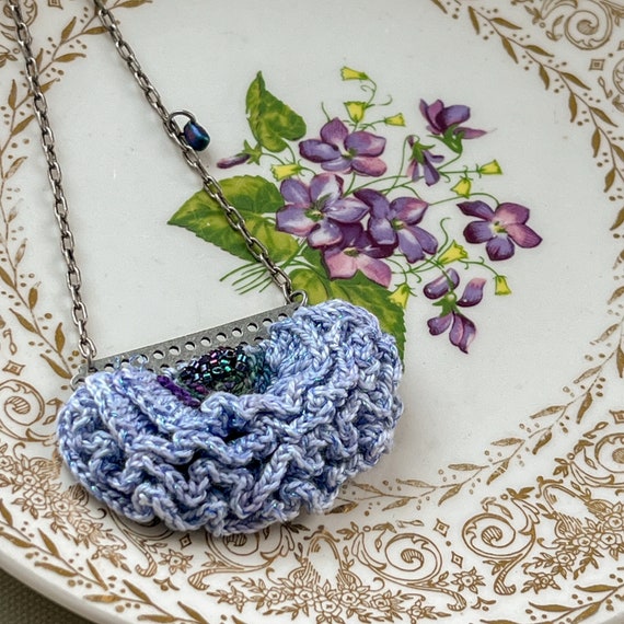 Mixed Media Flower Necklace - Ruffle Petals - Crochet - Periwinkle, Blue, Purple, Antique Silver - Fiber, Glass Beads - One of a Kind