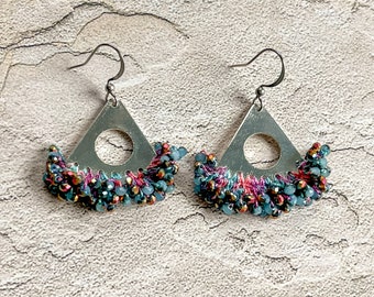 Mixed Media Triangle Earrings - Stainless Steel - Turquoise Pink Lavender Orange Hand-Dyed Thread - Faceted Glass Beads - Crochet  - OOAK