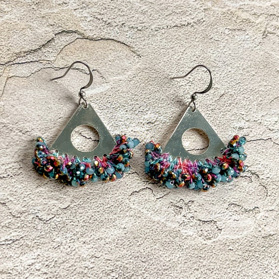 Mixed Media Triangle Earrings - Stainless Steel - Turquoise Pink Lavender Orange Hand-Dyed Thread - Faceted Glass Beads - Crochet  - OOAK