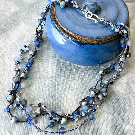 Five Strand Beaded Crochet Necklace - Blue Gray Silver - Wire and Fiber - Glass Metal Ceramic Beads - One of a Kind