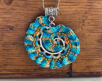 Ruffled Spiral Swirl Pendant Necklace - Mixed Media - Metal Fiber Glass - Turquoise Orange Blue Yellow Lime -Glass Beads - Crochet - OOAK