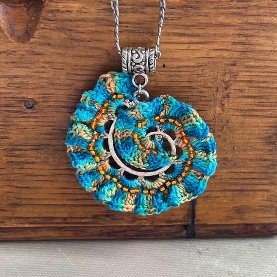 Ruffled Spiral Swirl Pendant Necklace - Mixed Media - Metal Fiber Glass - Turquoise Orange Blue Yellow Lime -Glass Beads - Crochet - OOAK