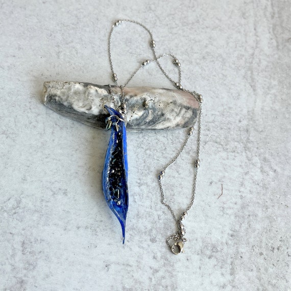 Natural Seed Pod Pendant Necklace - Blue Silver - Glass Beads - Garden - Mixed Media - Felted Silk Wool - 24" Stainless Steel Chain - OOAK