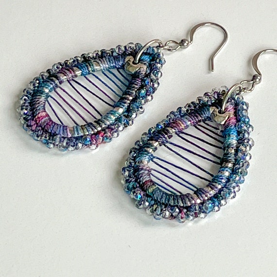 Stringed Beaded Teardrop Earrings - Mixed Media - Multicolor - Crystal Glass Beads - Crochet - Stainless Steel Ear Wires - One of a Kind