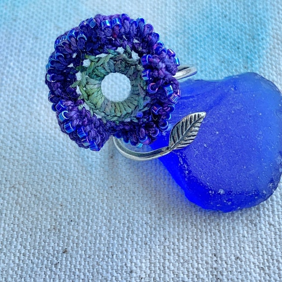 Mixed Media Flower Ring - Adjustable Silver Band - Purple Blue Green - Fiber- Tiny Glass Beads - Crochet - One of a Kind