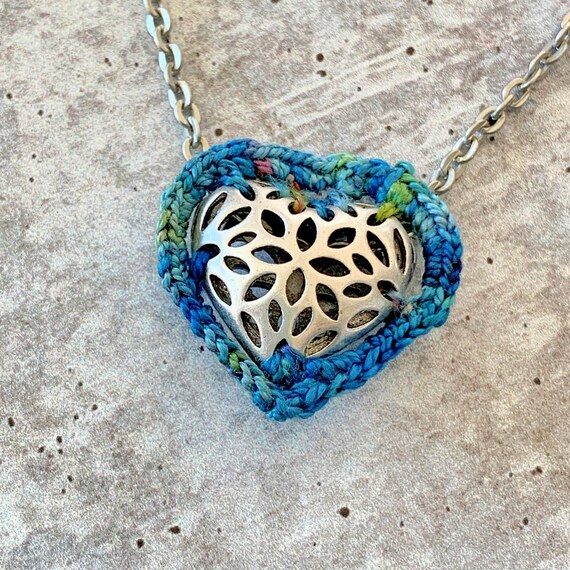 Antique Silver Filigree Metal Heart Slider Pendant - Mixed Media - Blue Green Multicolor Fiber - Matte Antique Silver Chain - 19 inch