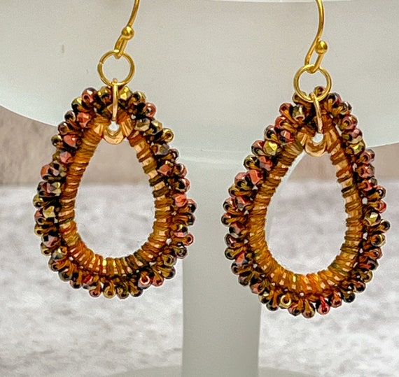 Gold Copper Bronze Glass Beaded Tear Drop Earrings - Hand Crochet - Brown Tan Golden Thread - Gold Stainless Steel Ear Wires - One of a Kind