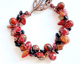 Crochet Beaded Bracelet: Leaves, Jasper, Copper, Glass Beads - Red, Brown, Rust - 8 inch
