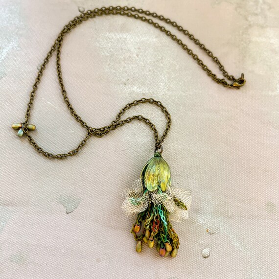 Absinthe Green Patina Flower Blossom Pendant Necklace - Mixed Media - Fiber Metal Glass Beads - Antique Brass - Multicolor - One of a Kind