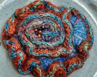 Felted Wool Brooch Pin - Abstract Floral - Brown Blue - Hand Crocheted - Hand Embroidery - Hand-Dyed Cotton Thread - Beads - One of a Kind