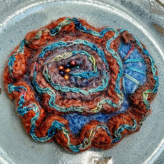 Felted Wool Brooch Pin - Abstract Floral - Brown Blue - Hand Crocheted - Hand Embroidery - Hand-Dyed Cotton Thread - Beads - One of a Kind