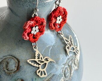 Red Flower and Hummingbird Drop Earrings - Silver-plated flower and hummingbird - Hand-dyed cotton thread - crochet - one of a kind