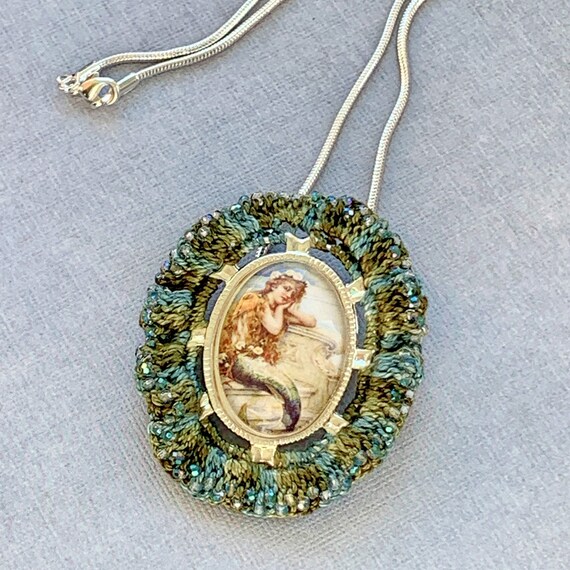 Vintage 1930's Mermaid Pendant Brooch - Mixed Media - Embellished with Bead Crochet - Silver, Blue, Green - Serpentine Chain - One of A Kind