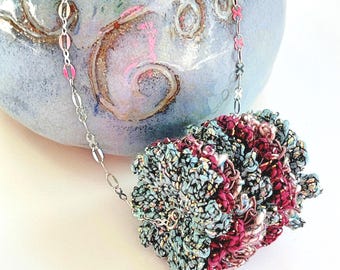 Crochet Circles Necklace: Turquoise, Wine, Metallics, Silver Chain