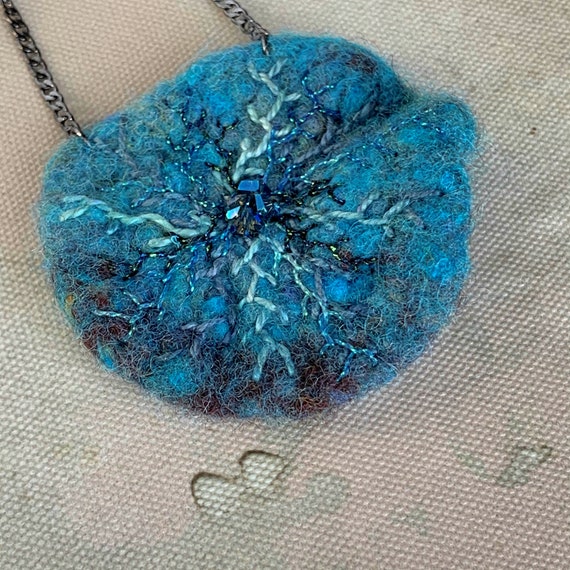 Deep Sea Embroidered Hand-Felted Wool Pendant Necklace - Greens, Blues, Teal - Hand-dyed and Metallic Threads - Fine Shiny Gun Metal Chain