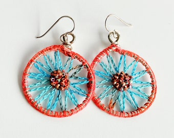 Flower Wheel Hoop Drop Earrings - Orange Turquoise Copper Silver - Crochet - Glass Beads - Hand Dyed Thread -