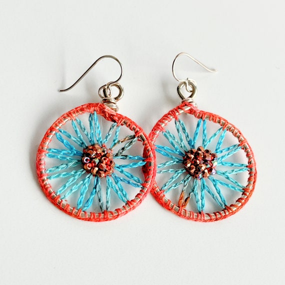 Flower Wheel Hoop Drop Earrings - Orange Turquoise Copper Silver - Crochet - Glass Beads - Hand Dyed Thread -